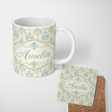 Personalized Custom Name Soft Sage Green Classic Damask Elegant Seamless Pattern Name Cute 11oz Ceramic Coffee Tea Mug White Large Handle
