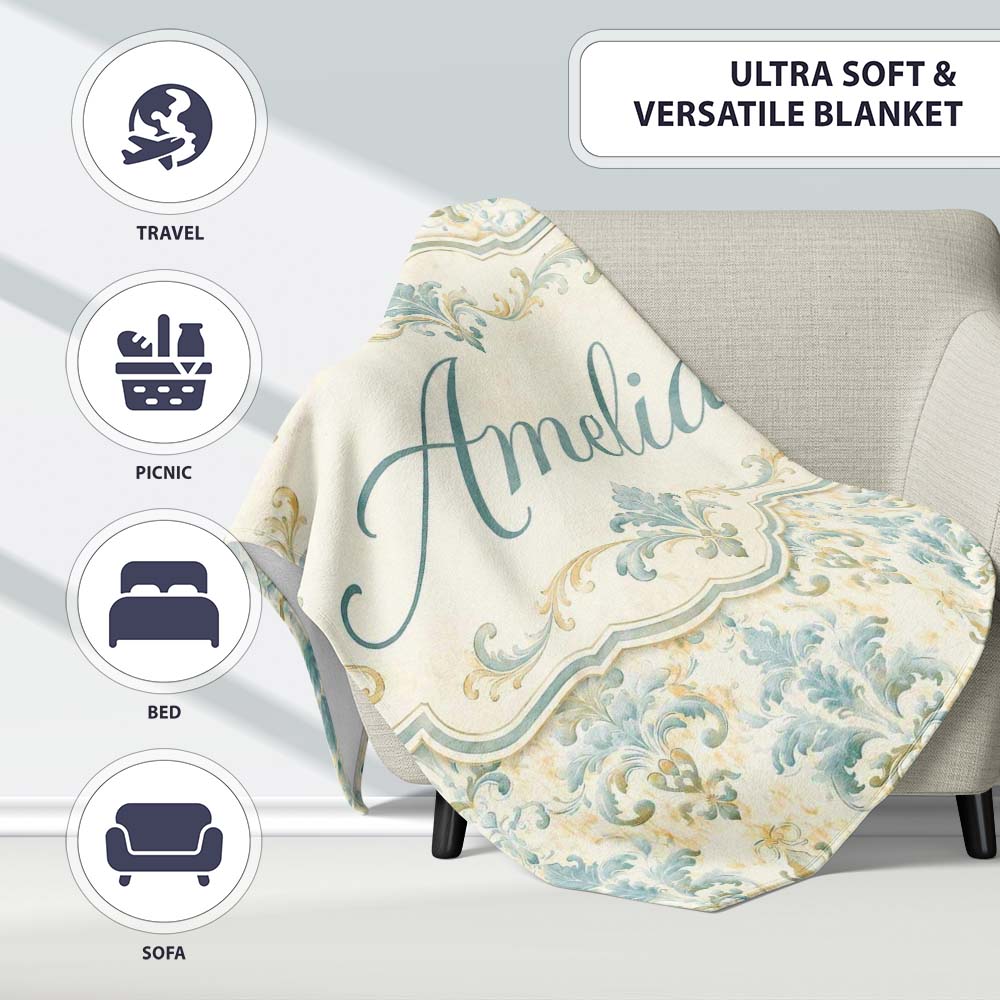 Soft Sage Green Classic Damask Elegant Seamless Pattern Name Cute  Personalised Custom Name Super Soft Fleece Blanket Bed Sofa Throw