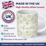 Personalized Custom Name Soft Sage Green Classic Damask Elegant Seamless Pattern Name Cute 11oz Ceramic Coffee Tea Mug White Large Handle