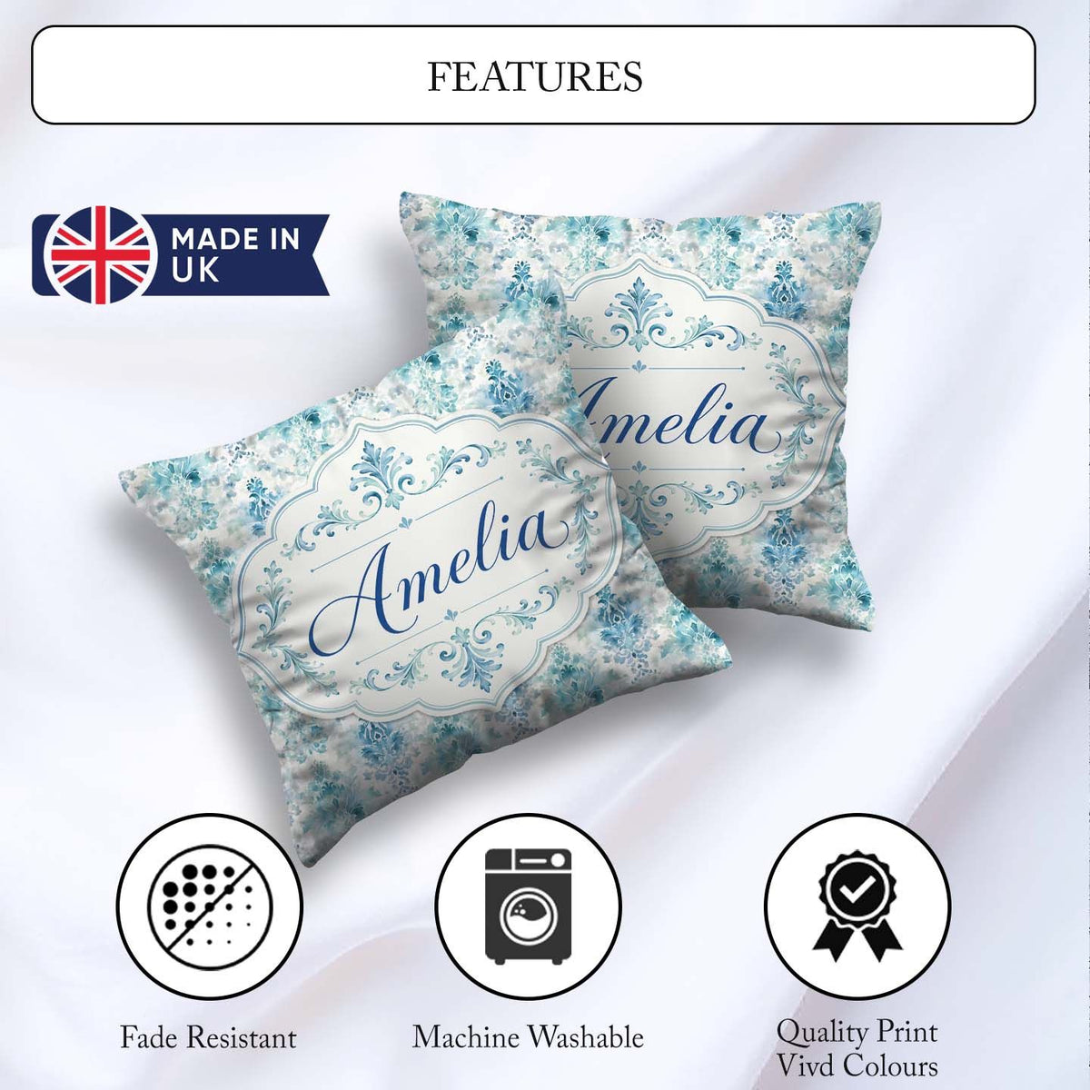 Custom Name Watercolor Abstract Damask Artistic Seamless Pattern Square Filled Cushion Throw Pillow Sofa Bed Home Decor Zip Washable UK Made