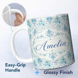 Personalized Custom Name Blue Watercolor Abstract Damask Artistic Seamless Pattern Custom 11oz Ceramic Coffee Tea Mug White Large Handle