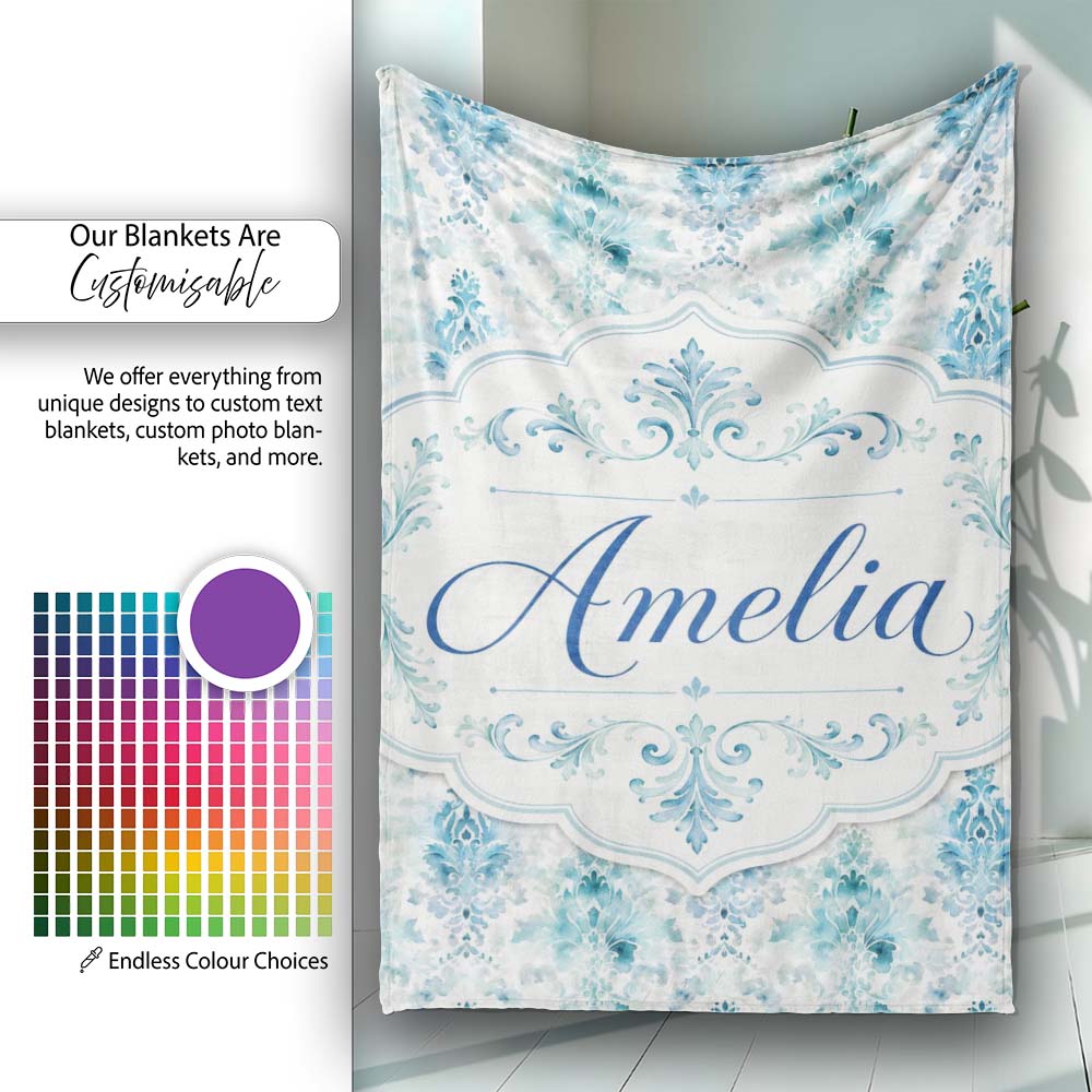 Blue Watercolor Abstract Damask Artistic Seamless Pattern Custom  Personalised Custom Name Super Soft Fleece Blanket Bed Sofa Throw