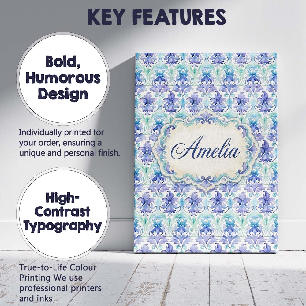 Personalised Name Purple Blue Floral Scroll Custom  Bespoke Interior Contemporary Canvas Wall Art Print Decor Picture Ready to Hang
