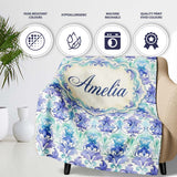 Purple Blue Floral Scroll Vintage Seamless Pattern Name Cute Unique  Personalised Custom Name Super Soft Fleece Blanket Bed Sofa Throw
