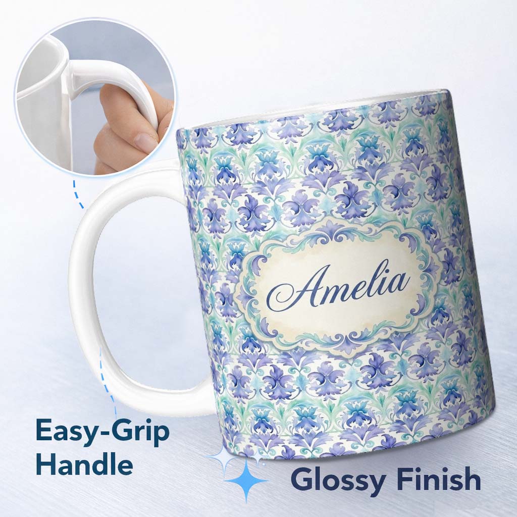 Personalized Custom Name Purple Blue Floral Scroll Vintage Seamless Pattern Name Cute Unique 11oz Ceramic Coffee Tea Mug White Large Handle