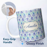 Personalized Custom Name Purple Blue Floral Scroll Vintage Seamless Pattern Name Cute Unique 11oz Ceramic Coffee Tea Mug White Large Handle