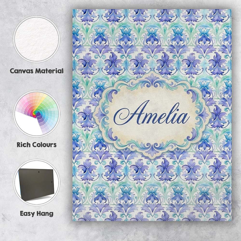 Personalised Name Purple Blue Floral Scroll Custom  Bespoke Interior Contemporary Canvas Wall Art Print Decor Picture Ready to Hang