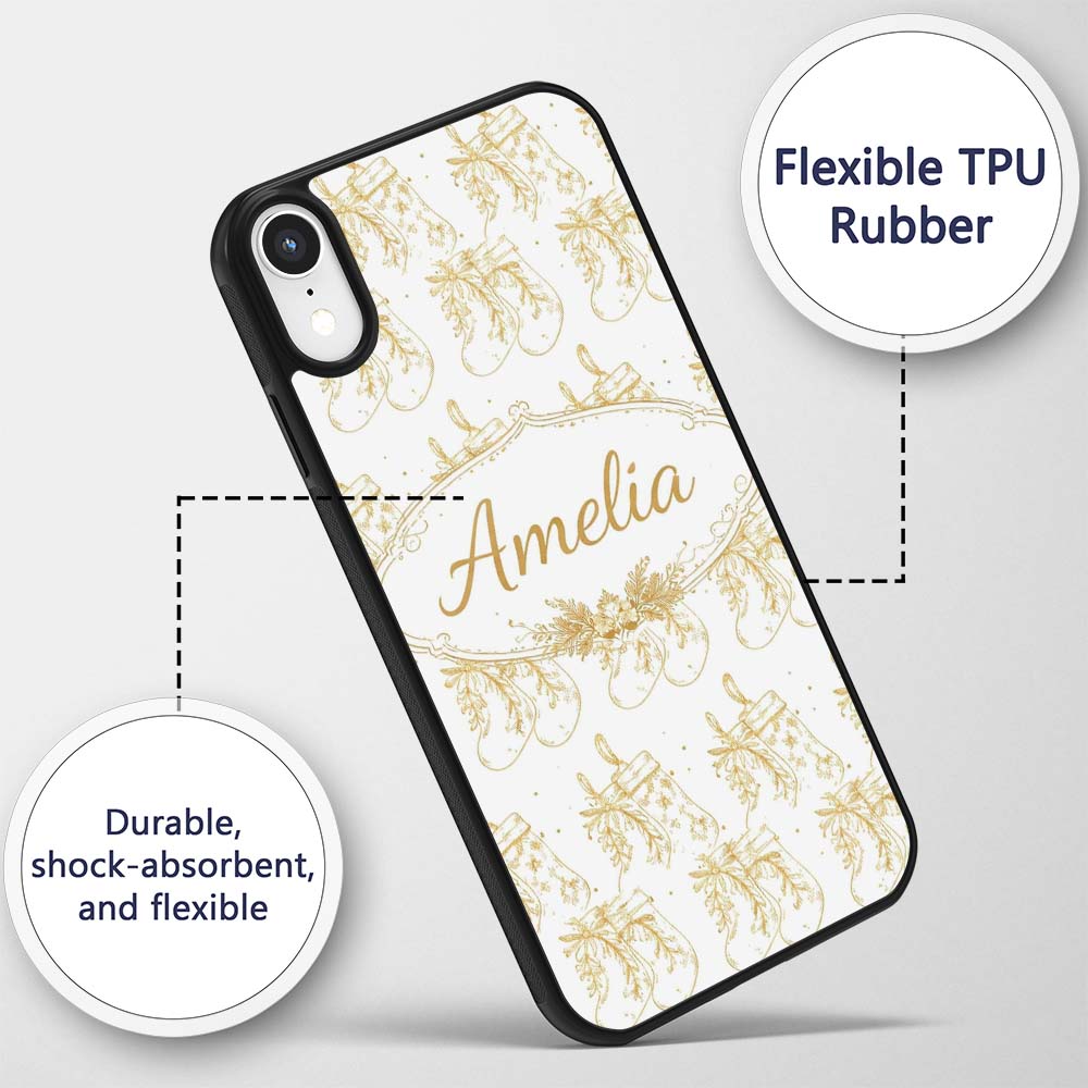 Gold Christmas Stockings Outline Seamless Pattern Custom Name Protective Phone Case Mobile Cover Durable Everyday Smartphone Shock Resistant