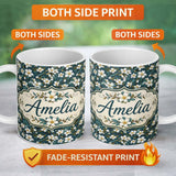 Personalized Custom Name Teal Background White Floral Botanical Pattern with Detailed Leaves 11oz Ceramic Coffee Tea Mug White Large Handle