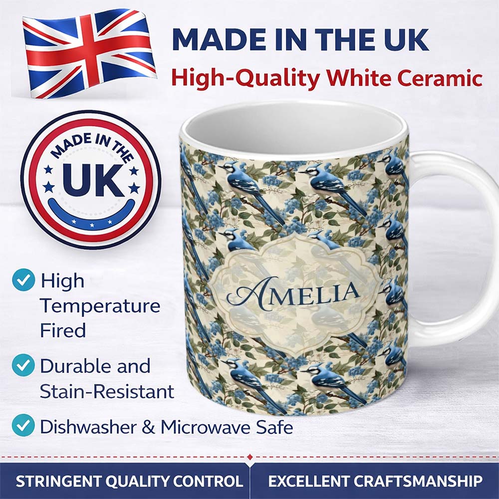Personalized Custom Name Blue Jay Bird Berry Branch Seamless Pattern Winter Botanical Nature 11oz Ceramic Coffee Tea Mug White Large Handle