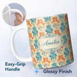 Personalized Custom Name Distressed Blue Red Grunge Damask Seamless Pattern Name Cute Unique 11oz Ceramic Coffee Tea Mug White Large Handle