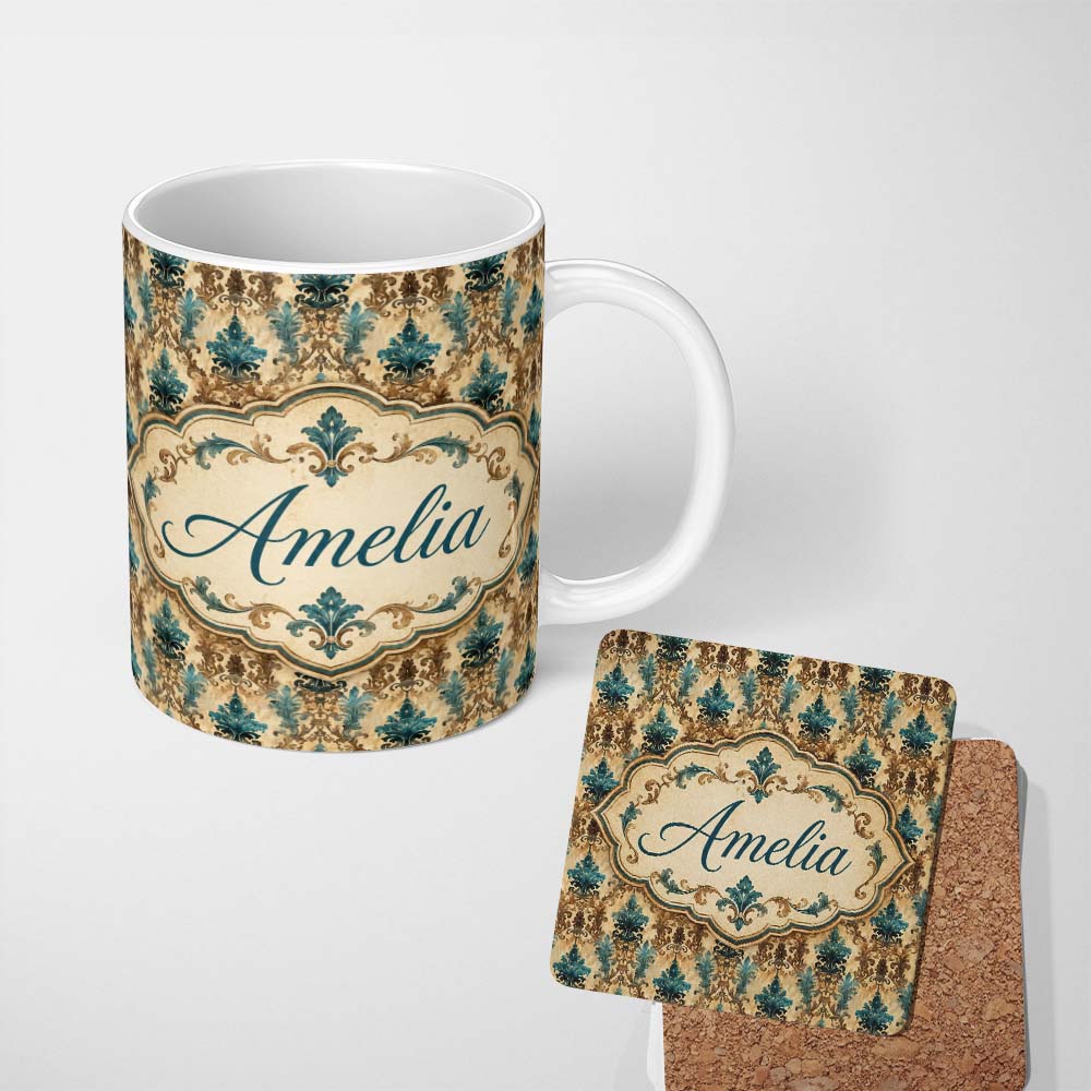 Personalized Custom Name Antique Brown Teal Baroque Damask Classic Seamless Pattern Name Cute 11oz Ceramic Coffee Tea Mug White Large Handle
