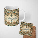 Personalized Custom Name Antique Brown Teal Baroque Damask Classic Seamless Pattern Name Cute 11oz Ceramic Coffee Tea Mug White Large Handle