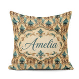 Custom Name Antique Brown Teal Baroque Damask Seamless Name Cute Square Filled Cushion Throw Pillow Sofa Bed Home Decor Zip Washable UK Made