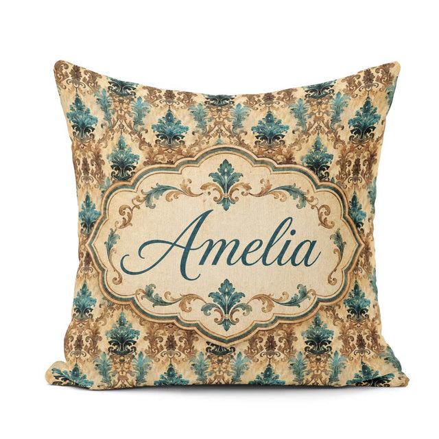 Custom Name Antique Brown Teal Baroque Damask Seamless Name Cute Square Filled Cushion Throw Pillow Sofa Bed Home Decor Zip Washable UK Made