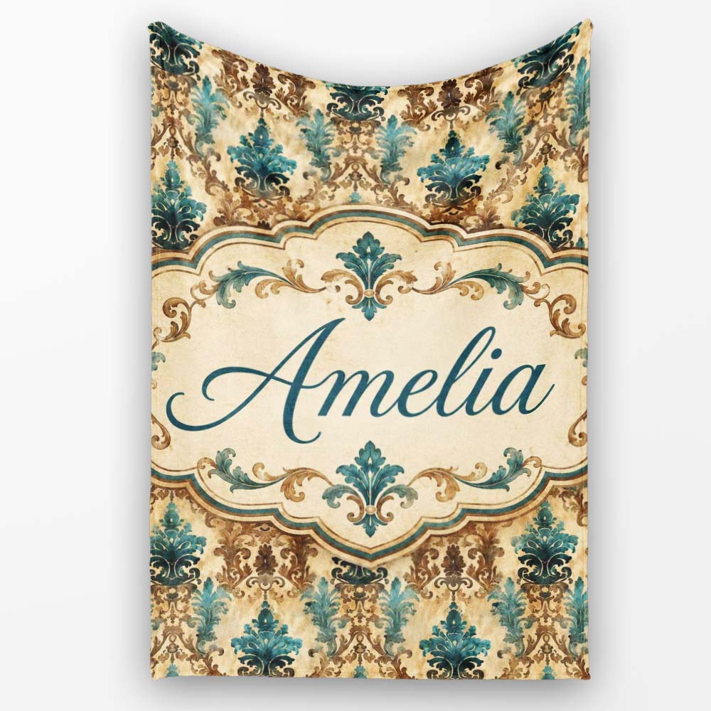 Antique Brown Teal Baroque Damask Classic Seamless Pattern Name Cute  Personalised Custom Name Super Soft Fleece Blanket Bed Sofa Throw