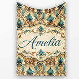 Antique Brown Teal Baroque Damask Classic Seamless Pattern Name Cute  Personalised Custom Name Super Soft Fleece Blanket Bed Sofa Throw