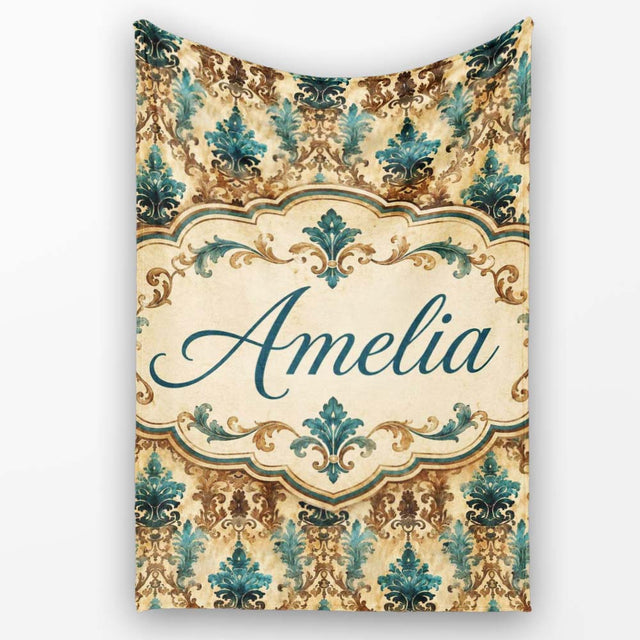 Antique Brown Teal Baroque Damask Classic Seamless Pattern Name Cute  Personalised Custom Name Super Soft Fleece Blanket Bed Sofa Throw