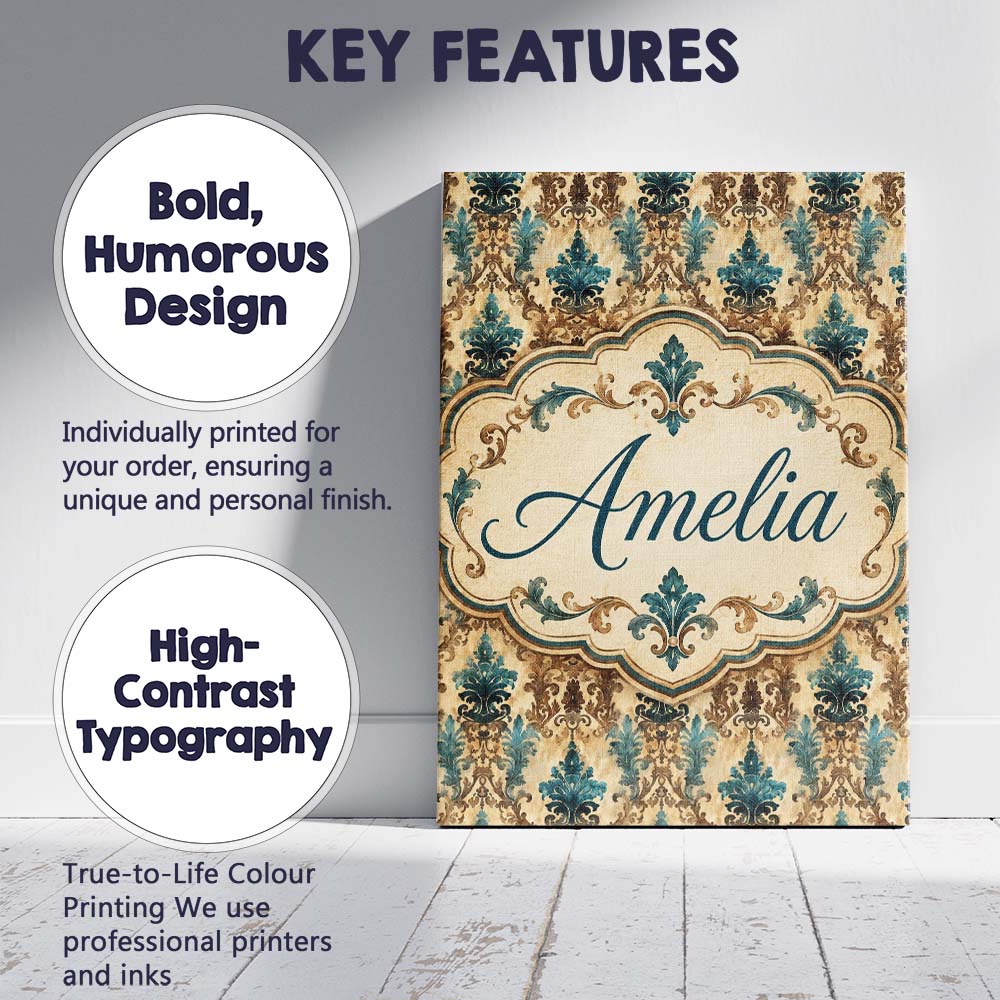 Personalised Name Antique Brown Teal Custom Premium Decorative Design Modern Room Accent Canvas Wall Art Print Decor Picture Ready to Hang