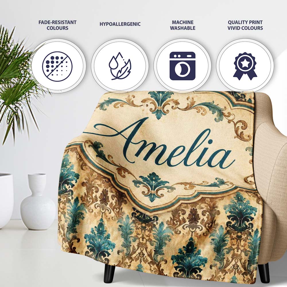 Antique Brown Teal Baroque Damask Classic Seamless Pattern Name Cute  Personalised Custom Name Super Soft Fleece Blanket Bed Sofa Throw