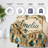 Antique Brown Teal Baroque Damask Classic Seamless Pattern Name Cute  Personalised Custom Name Super Soft Fleece Blanket Bed Sofa Throw