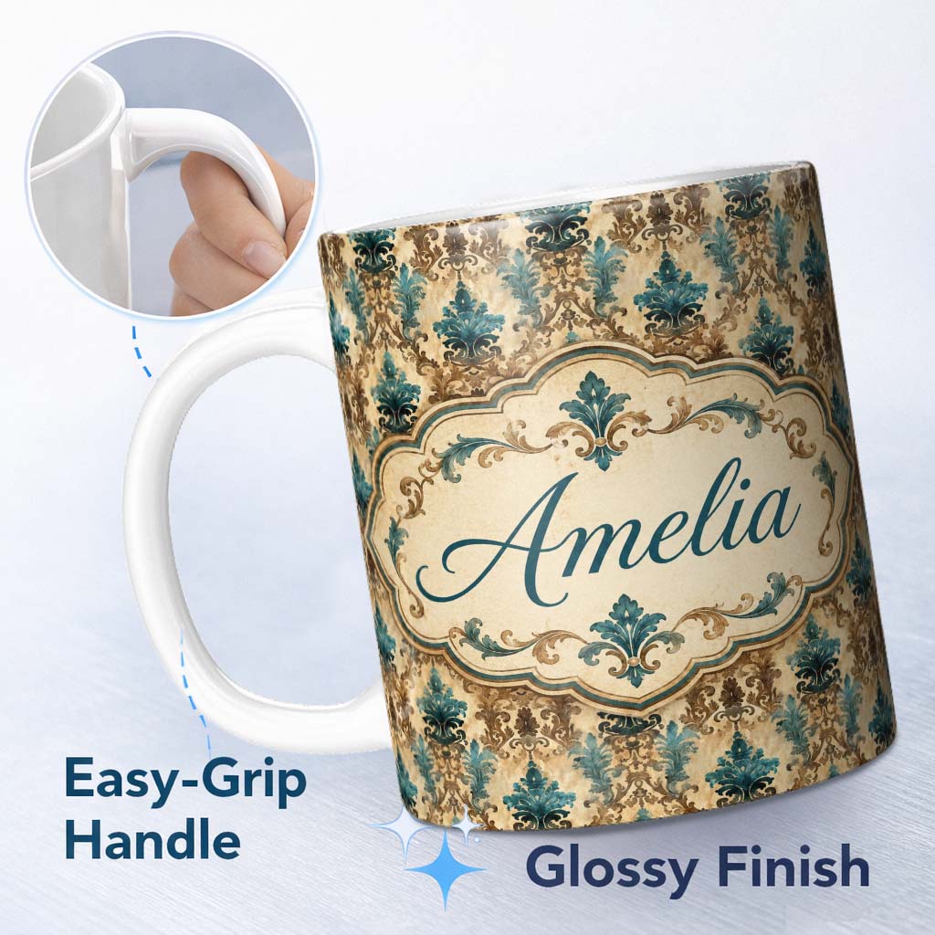 Personalized Custom Name Antique Brown Teal Baroque Damask Classic Seamless Pattern Name Cute 11oz Ceramic Coffee Tea Mug White Large Handle