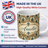 Personalized Custom Name Antique Brown Teal Baroque Damask Classic Seamless Pattern Name Cute 11oz Ceramic Coffee Tea Mug White Large Handle