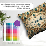 Custom Name Antique Brown Teal Baroque Damask Seamless Name Cute Square Filled Cushion Throw Pillow Sofa Bed Home Decor Zip Washable UK Made