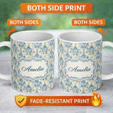 Personalized Custom Name Classic Blue Watercolor Damask Ornamental Seamless Pattern Name Cute 11oz Ceramic Coffee Tea Mug White Large Handle