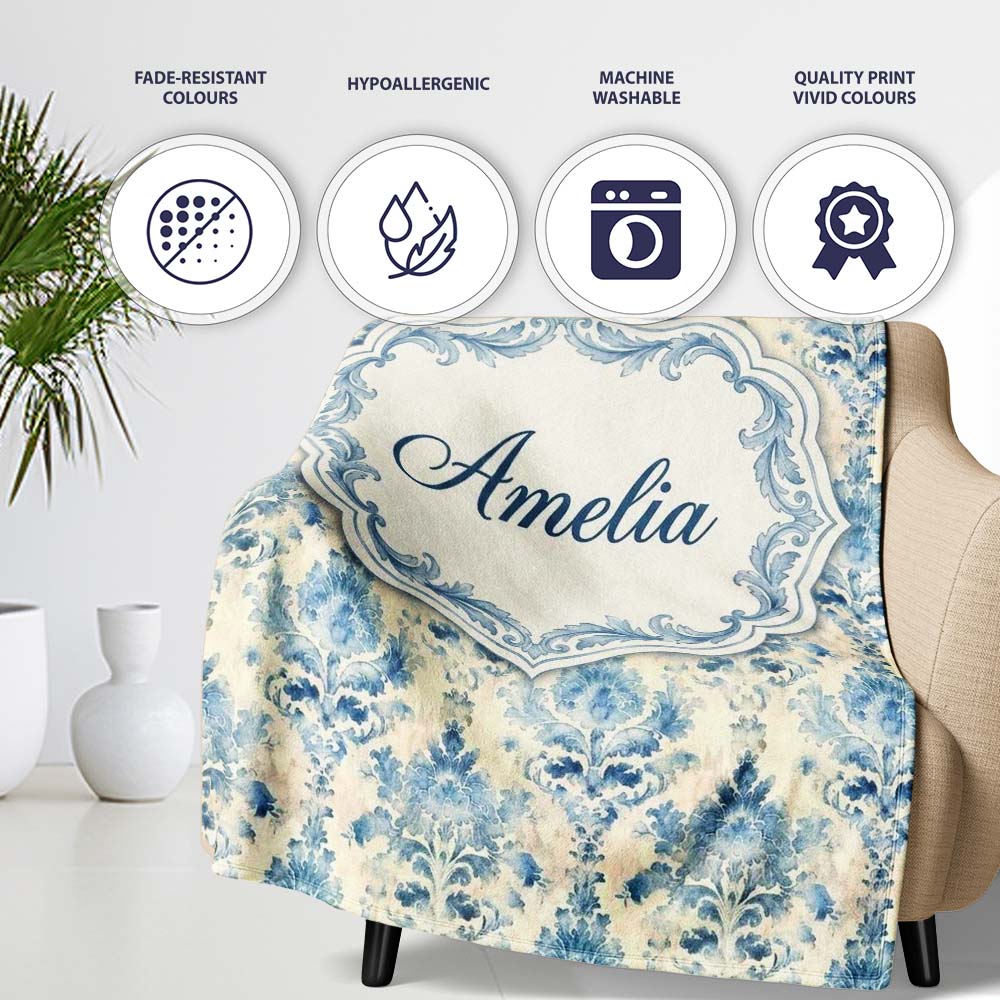 Classic Blue Watercolor Damask Ornamental Seamless Pattern Name Cute  Personalised Custom Name Super Soft Fleece Blanket Bed Sofa Throw