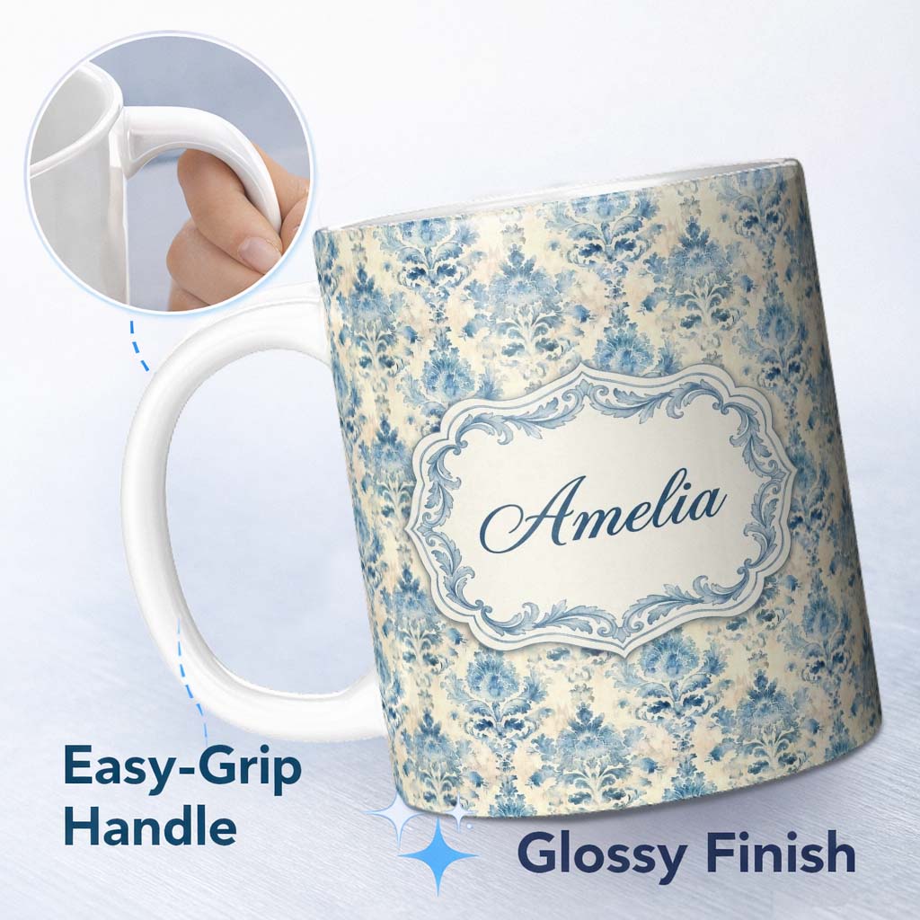 Personalized Custom Name Classic Blue Watercolor Damask Ornamental Seamless Pattern Name Cute 11oz Ceramic Coffee Tea Mug White Large Handle