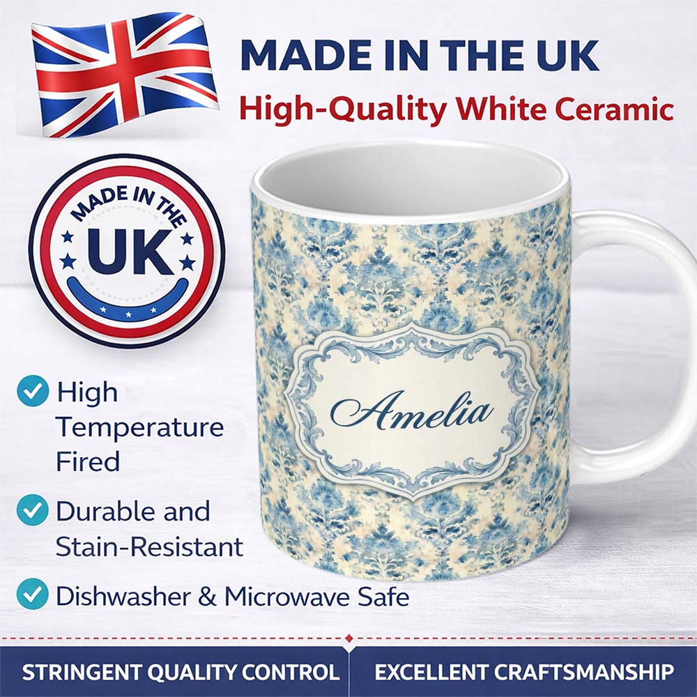 Personalized Custom Name Classic Blue Watercolor Damask Ornamental Seamless Pattern Name Cute 11oz Ceramic Coffee Tea Mug White Large Handle