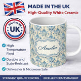 Personalized Custom Name Classic Blue Watercolor Damask Ornamental Seamless Pattern Name Cute 11oz Ceramic Coffee Tea Mug White Large Handle