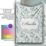 Classic Blue Watercolor Damask Ornamental Seamless Pattern Name Cute  Personalised Custom Name Super Soft Fleece Blanket Bed Sofa Throw