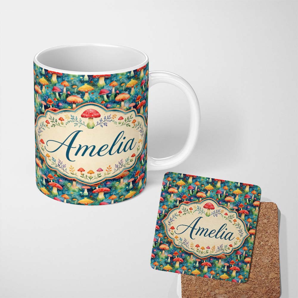 Personalized Custom Name Whimsical Forest Mushrooms Colorful Nature Seamless Pattern Name 11oz Ceramic Coffee Tea Mug White Large Handle