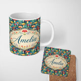 Personalized Custom Name Whimsical Forest Mushrooms Colorful Nature Seamless Pattern Name 11oz Ceramic Coffee Tea Mug White Large Handle