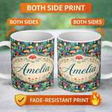 Personalized Custom Name Whimsical Forest Mushrooms Colorful Nature Seamless Pattern Name 11oz Ceramic Coffee Tea Mug White Large Handle