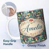 Personalized Custom Name Whimsical Forest Mushrooms Colorful Nature Seamless Pattern Name 11oz Ceramic Coffee Tea Mug White Large Handle