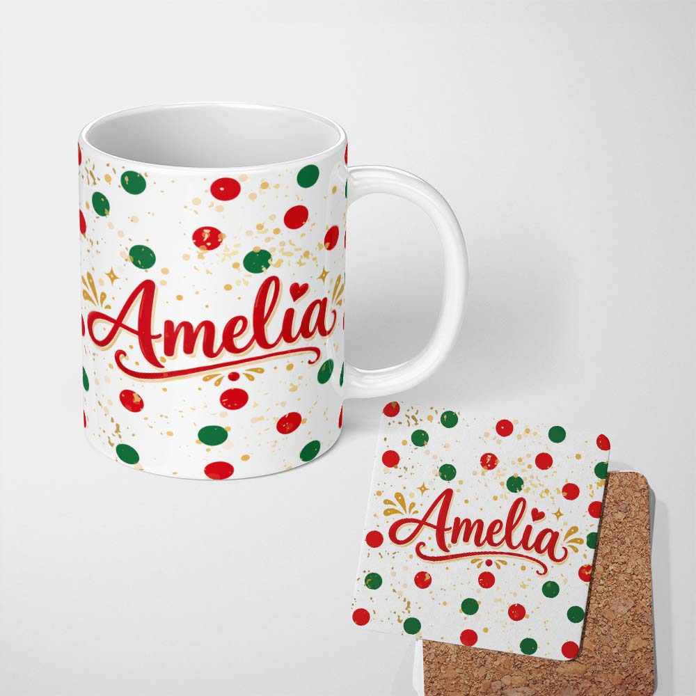 Personalized Custom Name Red Green Polka Dot Gold Splash Seamless Pattern Cute Unique Gift 11oz Ceramic Coffee Tea Mug White Large Handle