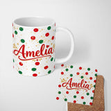 Personalized Custom Name Red Green Polka Dot Gold Splash Seamless Pattern Cute Unique Gift 11oz Ceramic Coffee Tea Mug White Large Handle
