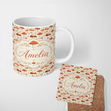 Personalized Custom Name Rustic Orange Mushroom Botanical Seamless Pattern Name Cute Unique 11oz Ceramic Coffee Tea Mug White Large Handle