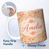 Personalized Custom Name Soft Watercolour Coral Daisy Floral Seamless Pattern on Light Pastel 11oz Ceramic Coffee Tea Mug White Large Handle