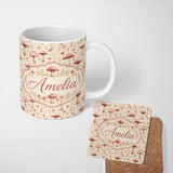 Personalized Custom Name Soft Pink Toadstool Mushroom Woodland Seamless Pattern Name Cute 11oz Ceramic Coffee Tea Mug White Large Handle
