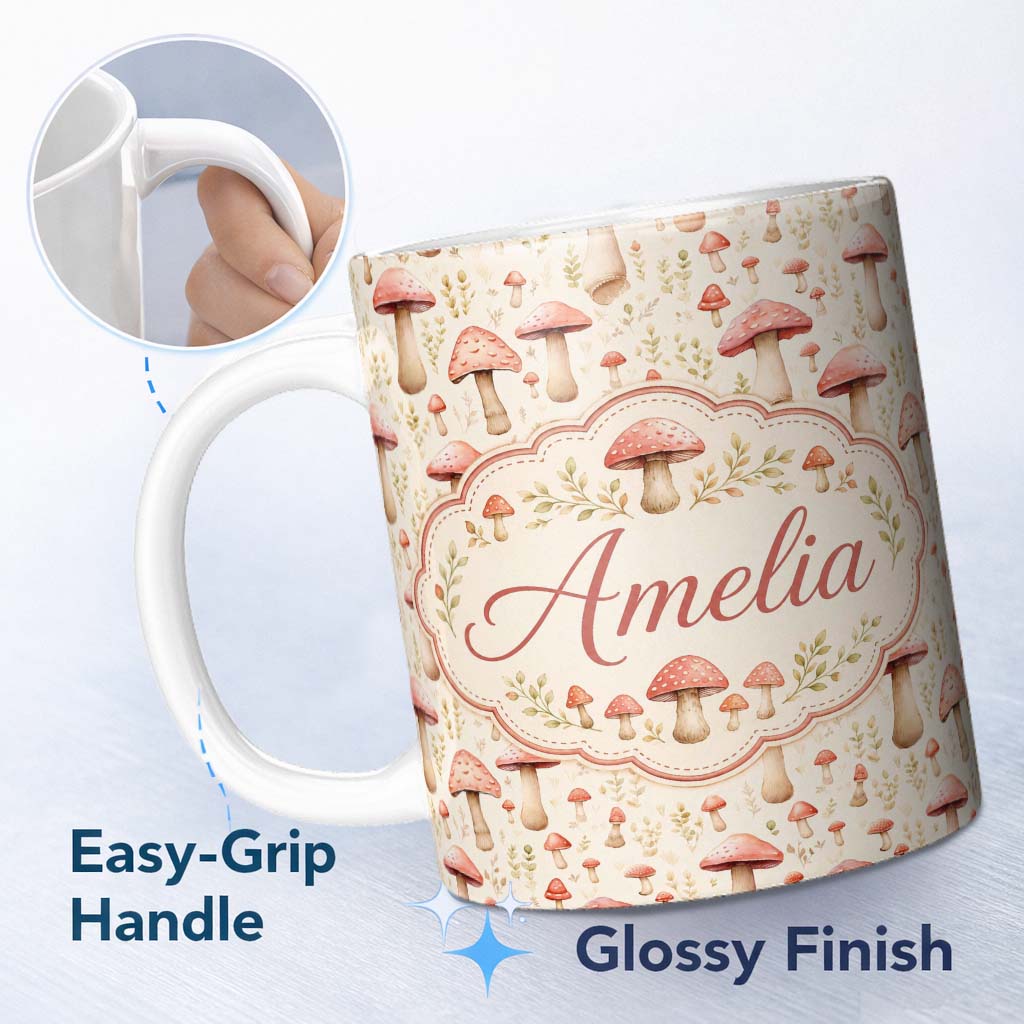 Personalized Custom Name Soft Pink Toadstool Mushroom Woodland Seamless Pattern Name Cute 11oz Ceramic Coffee Tea Mug White Large Handle