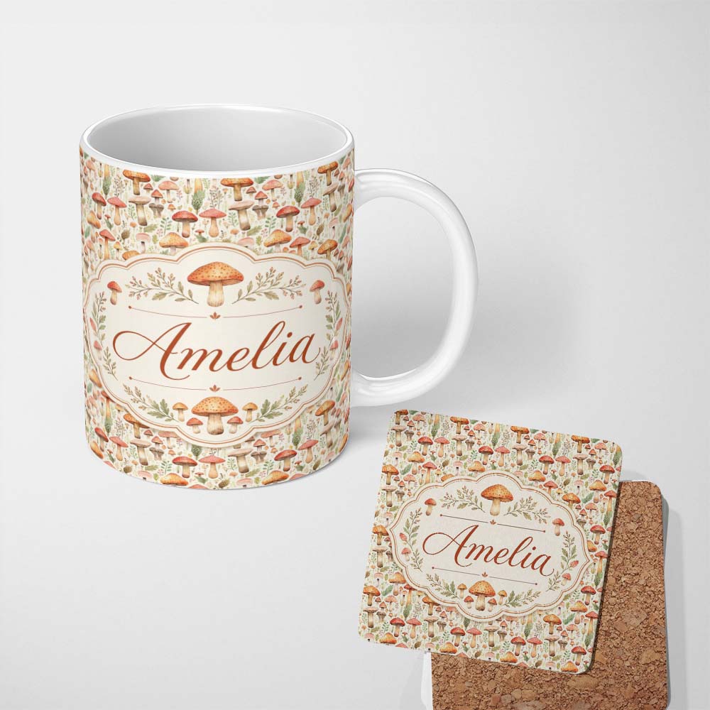 Personalized Custom Name Delicate Botanical Mushroom Meadow Seamless Pattern Name Cute 11oz Ceramic Coffee Tea Mug White Large Handle