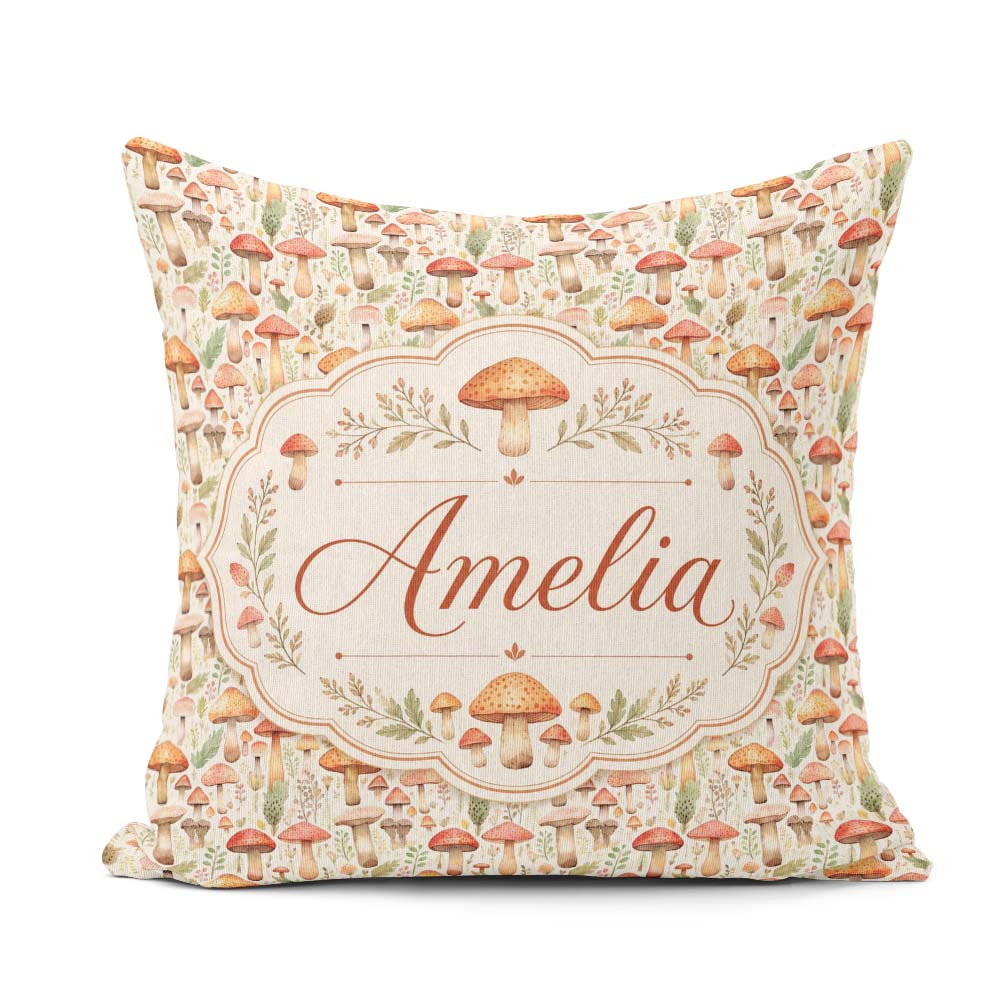 Custom Name Delicate Botanical Mushroom Meadow Pattern Name Cute Square Filled Cushion Throw Pillow Sofa Bed Home Decor Zip Washable UK Made