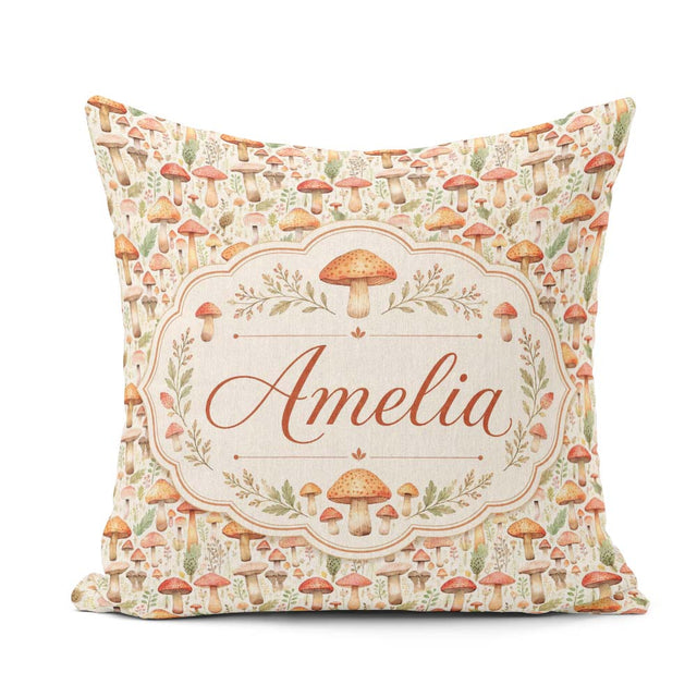 Custom Name Delicate Botanical Mushroom Meadow Pattern Name Cute Square Filled Cushion Throw Pillow Sofa Bed Home Decor Zip Washable UK Made