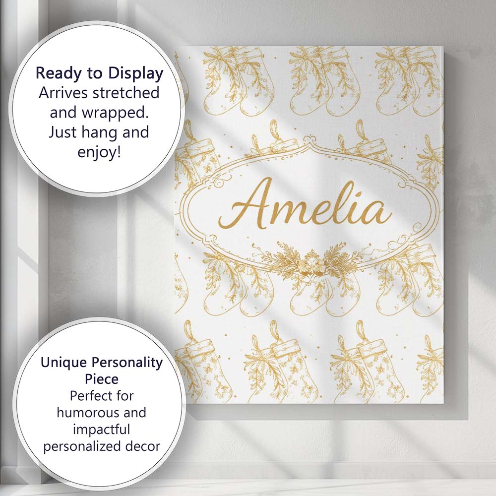 Personalised Name Gold Christmas Stockings Outline Seamless Pattern Custom Canvas Wall Art Print Decor Picture Ready to Hang