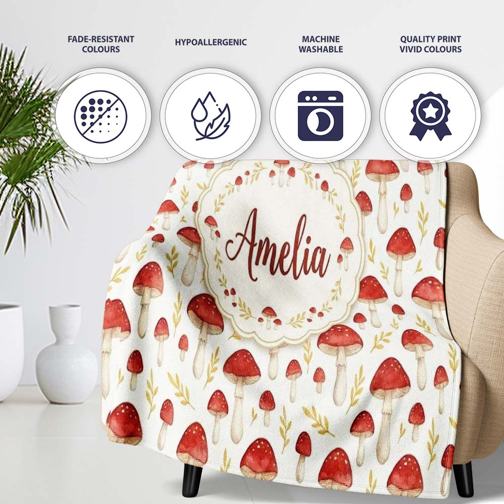 Autumn Orange Woodland Mushroom Botanical Seamless Pattern Name Cute  Personalised Custom Name Super Soft Fleece Blanket Bed Sofa Throw