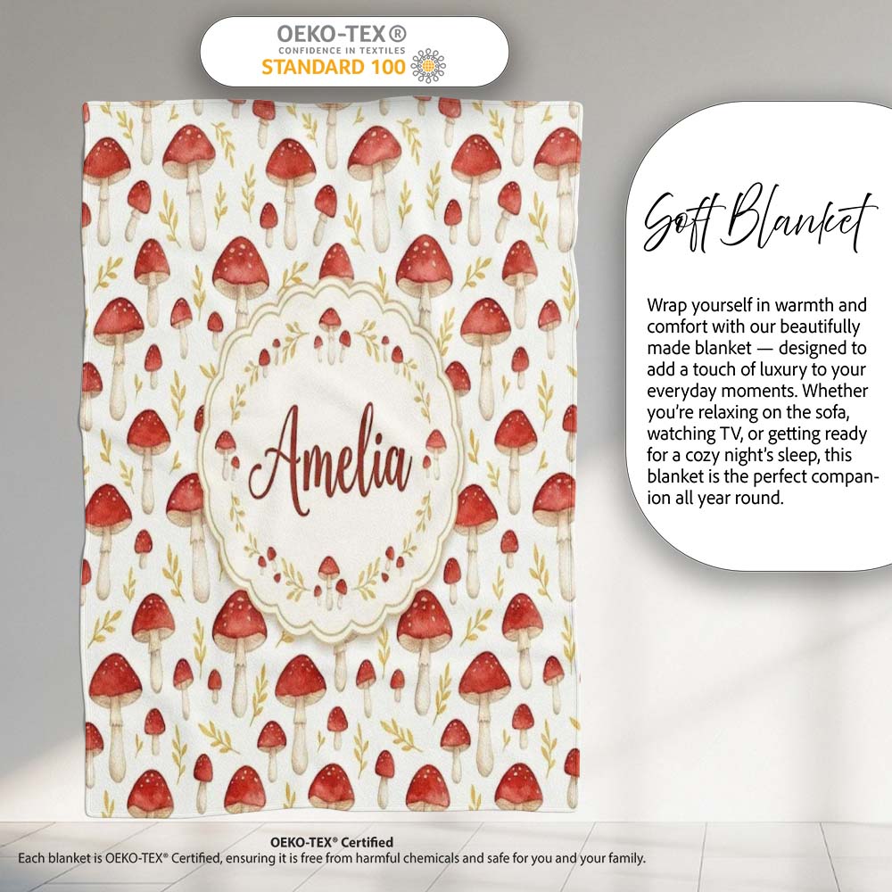 Autumn Orange Woodland Mushroom Botanical Seamless Pattern Name Cute  Personalised Custom Name Super Soft Fleece Blanket Bed Sofa Throw